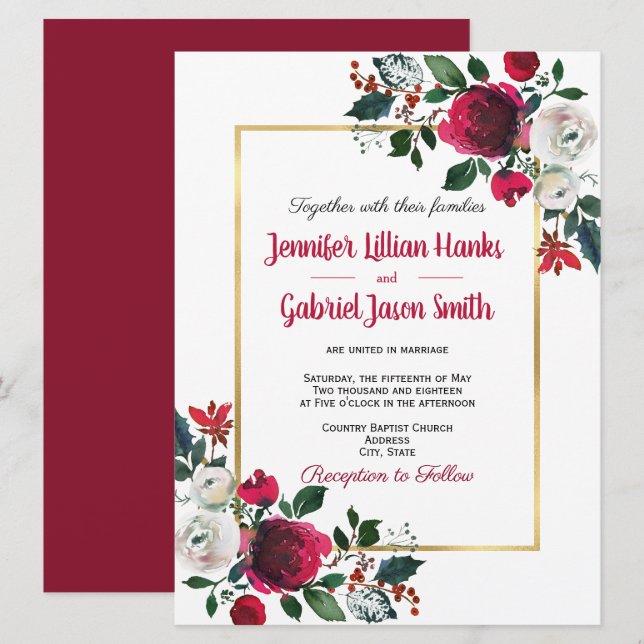 Burgundy watercolor rose floral gold frame wedding invitation (Front/Back)