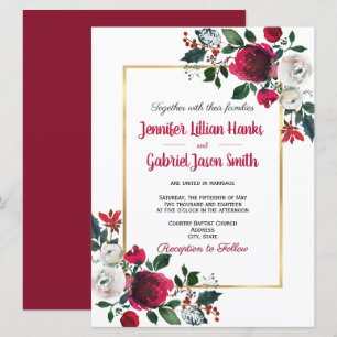 Burgundy watercolor rose floral gold frame wedding invitation