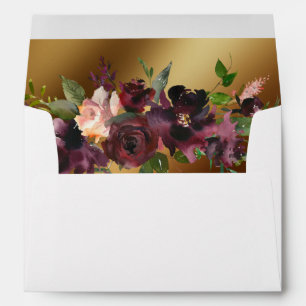 Burgundy Watercolor Roses & Gold Return Address Envelope