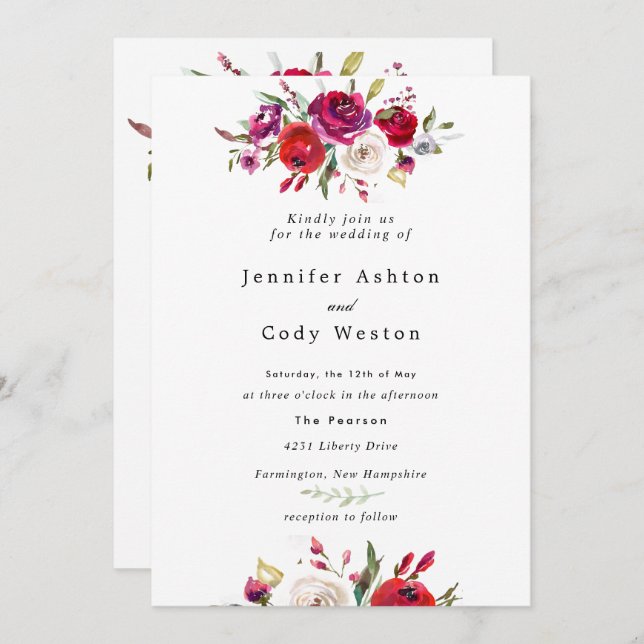 Burgundy Watercolor Roses Wedding Invitation (Front/Back)