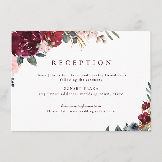 Burgundy watercolor rustic boho floral reception enclosure card (Front)