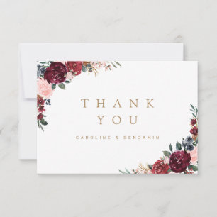 Burgundy watercolor rustic boho floral thank you card