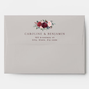 Burgundy watercolor rustic boho floral wedding envelope