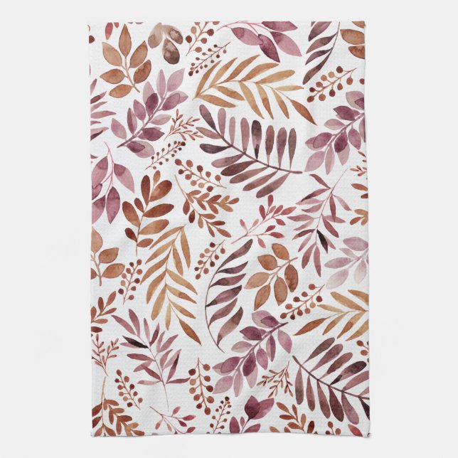 Burgundy Watercolor Rustic Leaves  Kitchen Towel (Vertical)