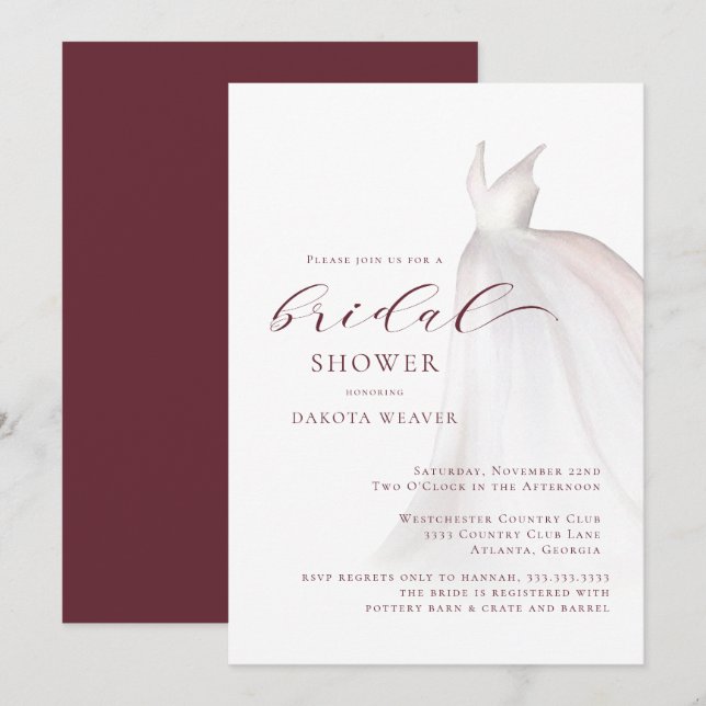 Burgundy Watercolor Wedding Dress Bridal Shower Invitation (Front/Back)