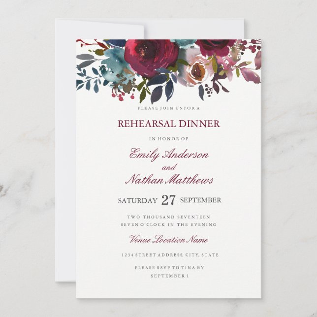 Burgundy Watercolor Wedding Rehearsal Dinner Invitation (Front)