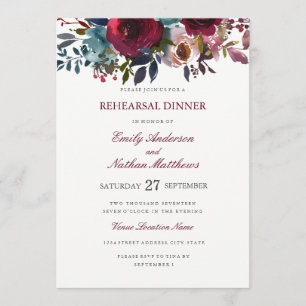 Burgundy Watercolor Wedding Rehearsal Dinner Invitation