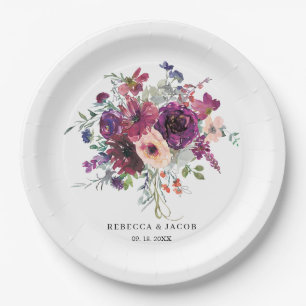 Burgundy Watercolor Wildflowers Boho Wedding Paper Plate