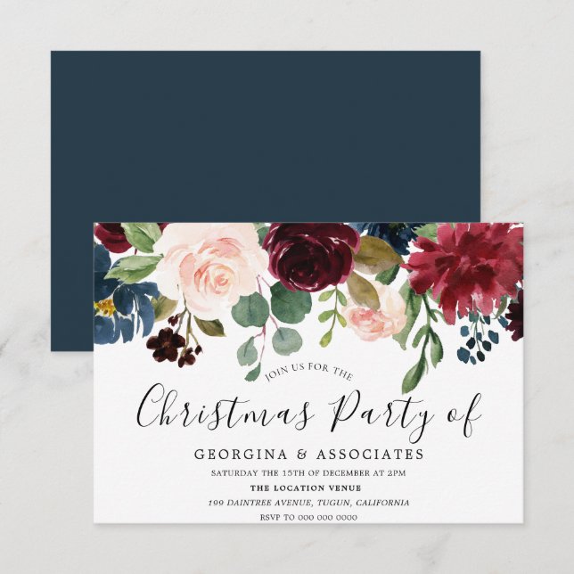 Burgundy Watercolor Work Office Christmas Party Invitation (Front/Back)