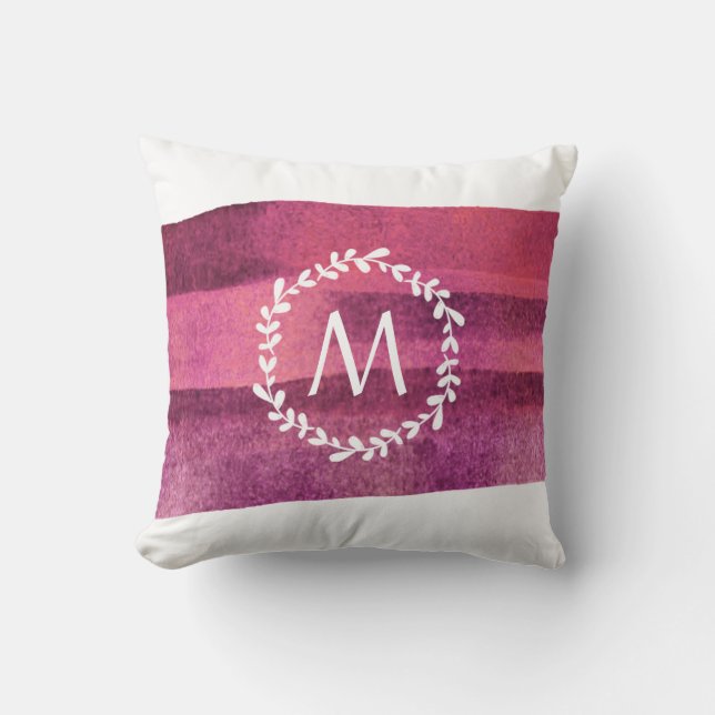 Burgundy Watercolor & Wreath Monogram Throw Pillow (Front)