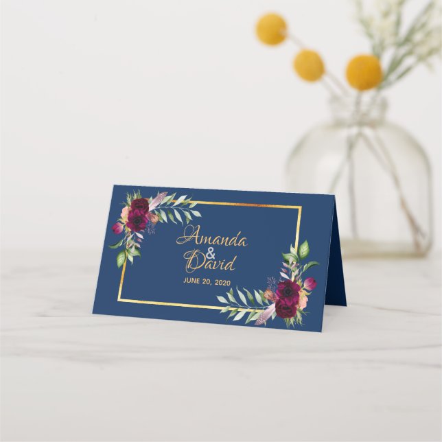 Burgundy watercolored florals boho blue wedding place card (Front)