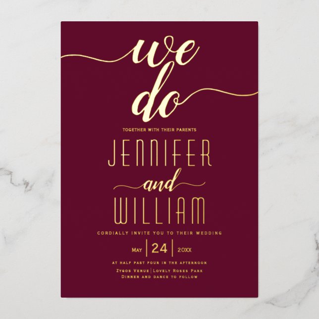 Burgundy "We do" script calligraphy wedding gold F (Front)