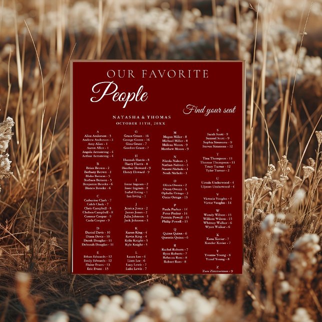Burgundy Wedding Alphabetical Seating Chart (Creator Uploaded)