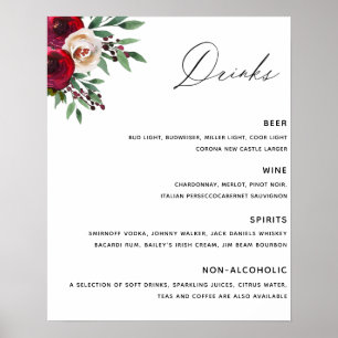 Burgundy Wedding Bar Menu Poster