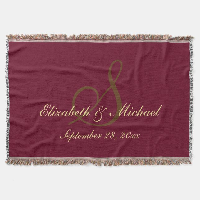 Burgundy Wedding Bride Groom Name Date Monogram Throw Blanket (Front)