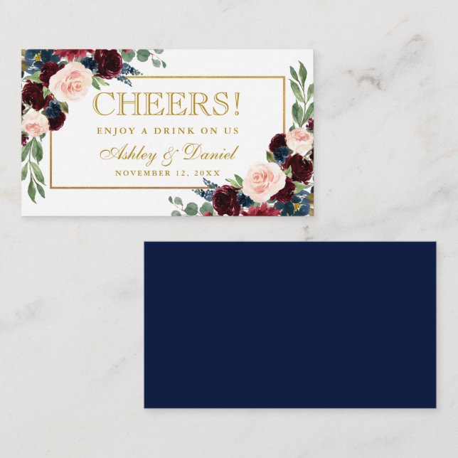 Burgundy Wedding Drink Ticket Card Blue Gold (Front/Back)