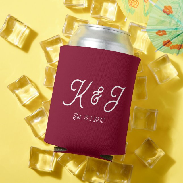 Burgundy Wedding Favour Monogrammed Can Cooler (In Situ Summer)