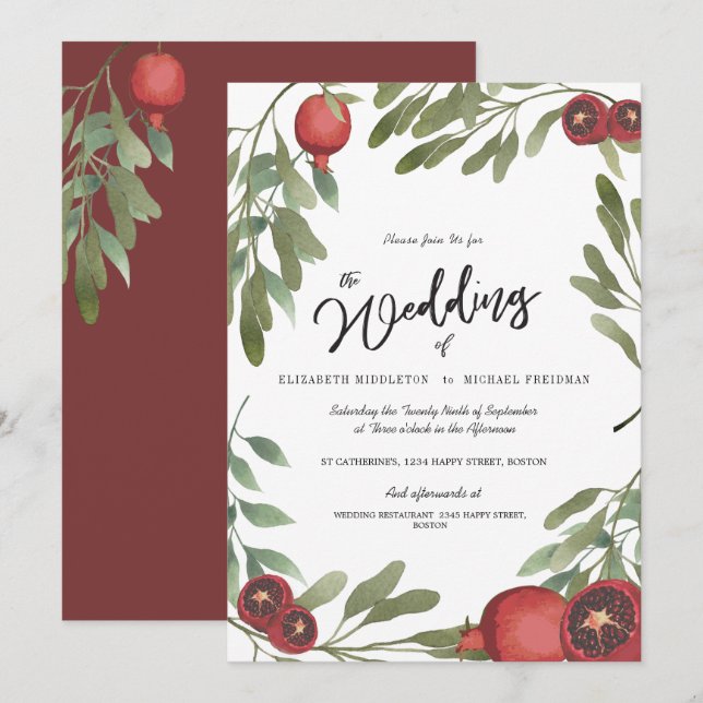 Burgundy Wedding Green Leaves Modern Botanical Invitation (Front/Back)
