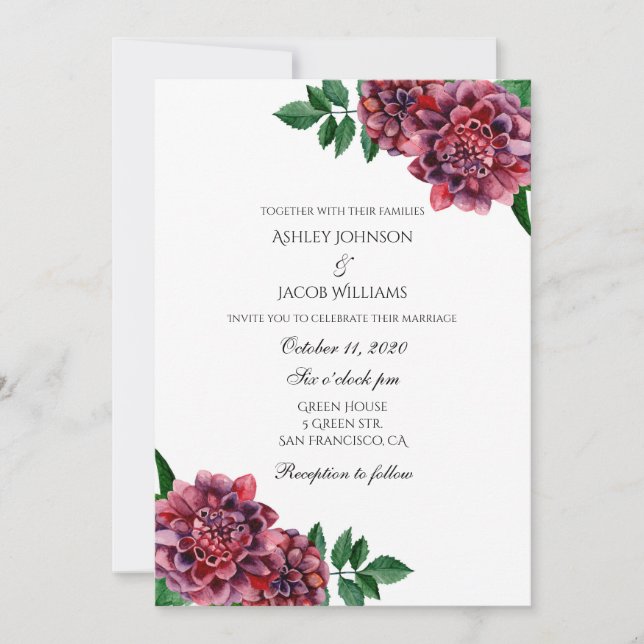 Burgundy wedding invitation floral. Dahlias invite (Front)