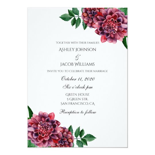 Burgundy wedding invitation floral. Dahlias invite