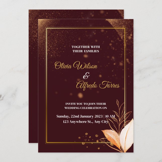 Burgundy wedding invitation with gold colours (Front/Back)