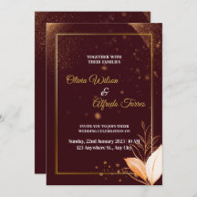 Burgundy wedding invitation with gold colours