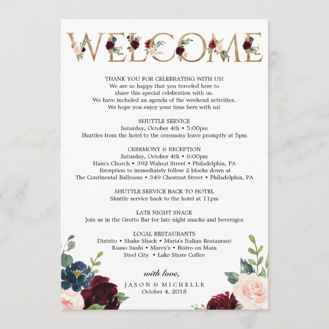 Burgundy Wedding Itinerary - Bachelorette Welcome Program (Front)