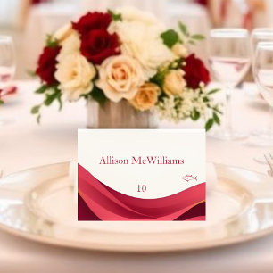 Burgundy Wedding Place Card-Fish Icon Table Number