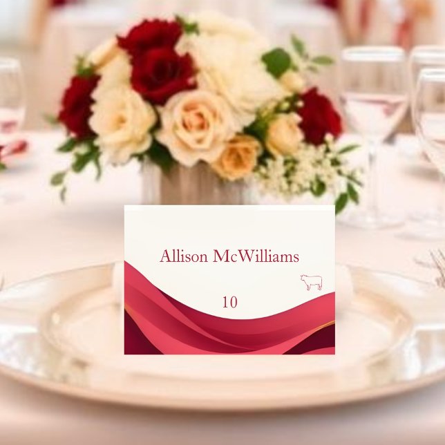 Burgundy Wedding Place Card-Meat Table Number (Burgundy and Ivory Wedding Place Card-Table Number Meat Icon)