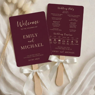 Burgundy Wedding Program Timeline Elegant Modern Hand Fan