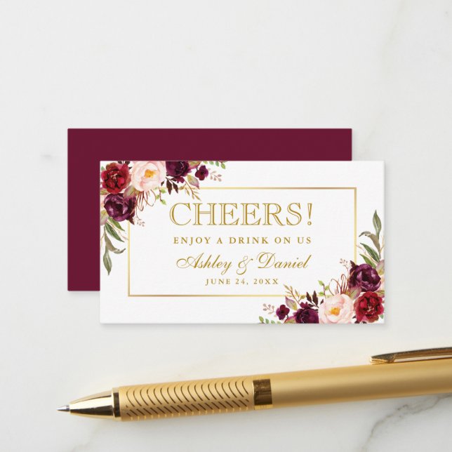 Burgundy Wedding Reception Gold Drink Ticket Card (Front/Back In Situ)
