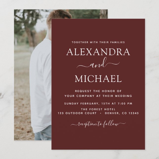 Burgundy Wedding Romantic Photo Invitation (Front/Back)