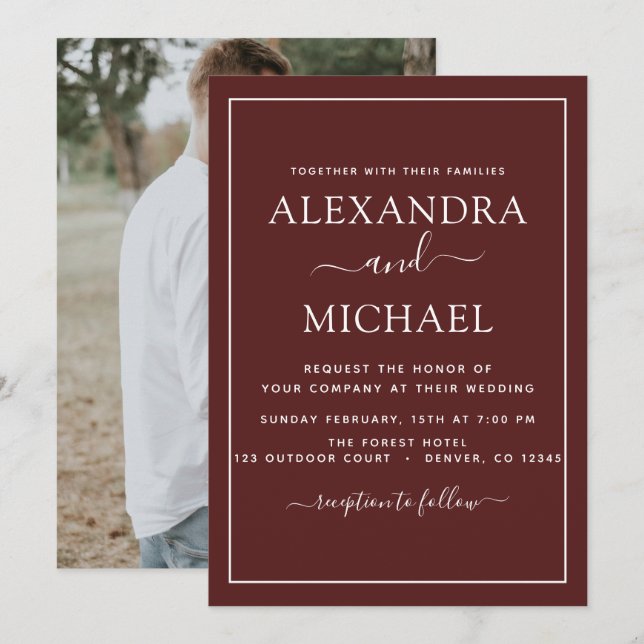 Burgundy Wedding Romantic Photo Invitation (Front/Back)
