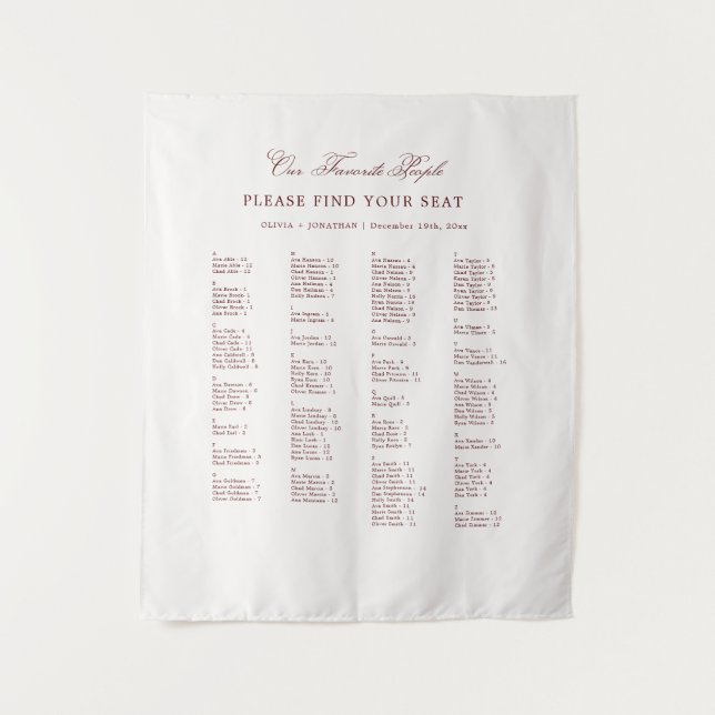 Burgundy Wedding Seating Chart Alphabetical Fabric Tapestry (Front)