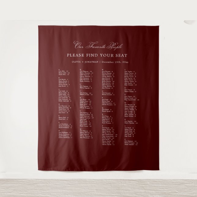Burgundy Wedding Seating Chart Alphabetical Fabric Tapestry (Front)