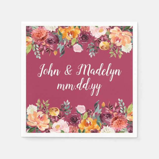 Burgundy Wedding Serviette Personalized Floral Napkin (Front)