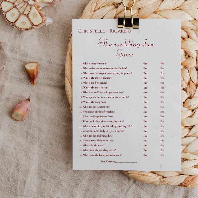 Burgundy wedding shoe game bachelorette party game announcement (Creator Uploaded)