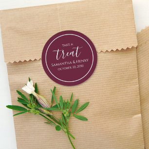 Burgundy Wedding Simple Calligraphy Script Treat Classic Round Sticker