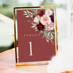 Burgundy Wedding Table Numbers, Blush Pink Floral