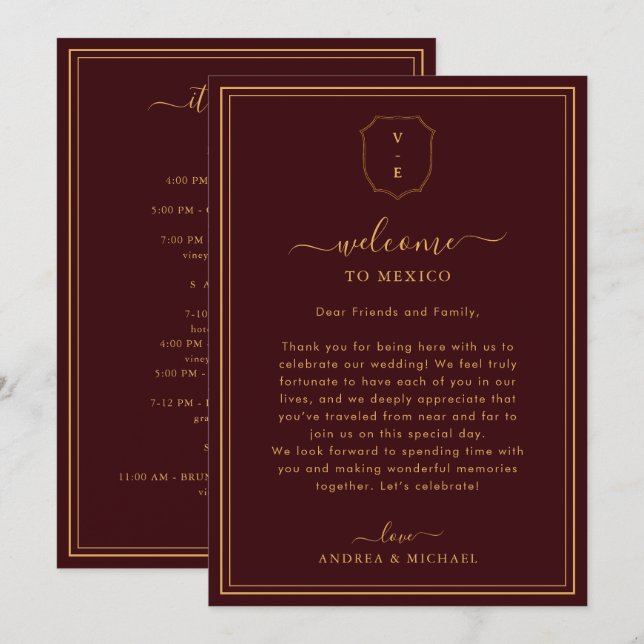 Burgundy Wedding Welcome Letter & Itinerary Card (Front/Back)