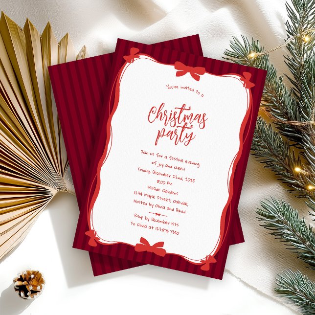 Burgundy Whimsical Red Bow Striped Christmas Party Invitation (Creator Uploaded)