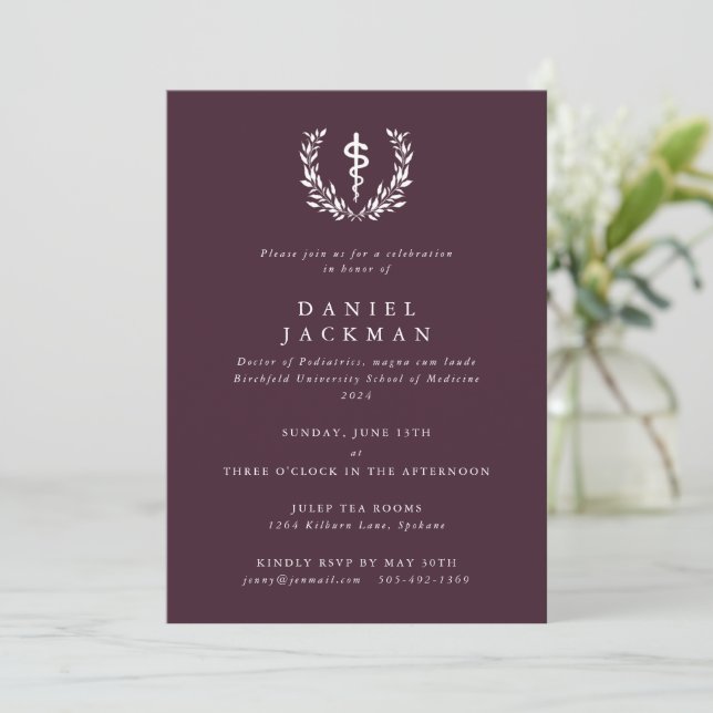 Burgundy/White Asclepius Medical School Graduation Invitation (Standing Front)