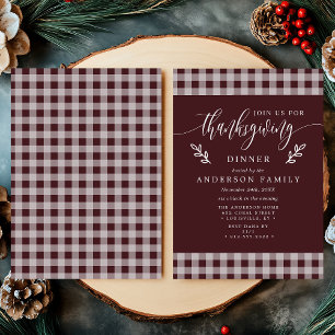 Burgundy & White Buffalo Check Thanksgiving Dinner Invitation