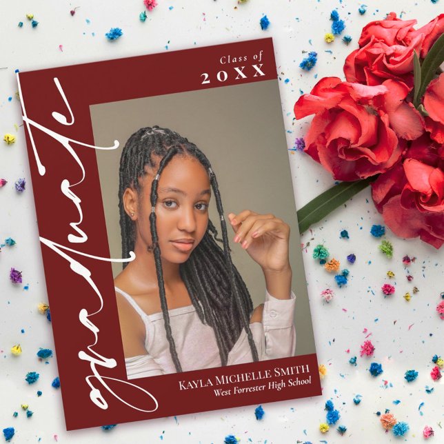 Burgundy White Calligraphy Photo Graduation Invitation (Creator Uploaded)