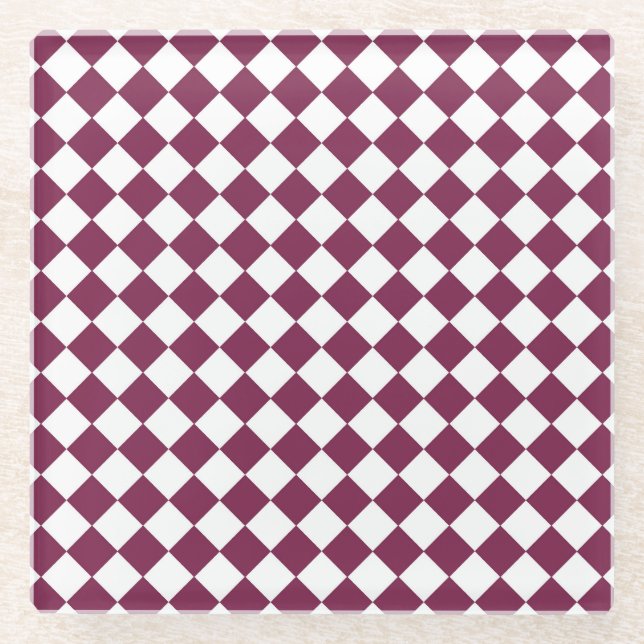 Burgundy White Checker Diamond Pattern Glass Coaster (Front)