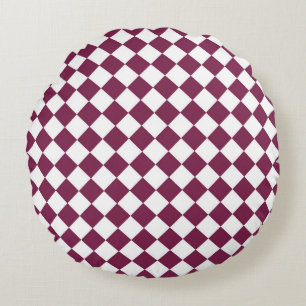 Burgundy White Checker Diamond Pattern Round Pillow