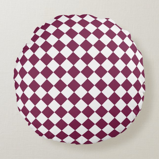 Burgundy White Checker Diamond Pattern Round Pillow (Front)