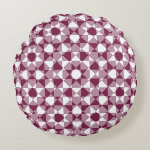 Burgundy White Checker Diamond Plaid Pattern Round Pillow
