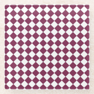 Burgundy White Chequered Diamond Pattern Glass Coaster