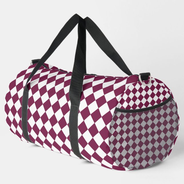 Burgundy White Chequered Diamond Pattern Large Duffle Bag (Right Corner)